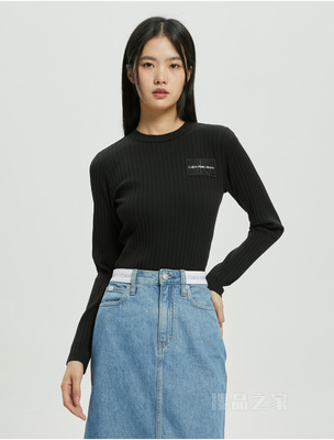 Calvin Klein 22秋冬新款女士时尚舒适圆领LOGO绣片修身长袖T恤J220491