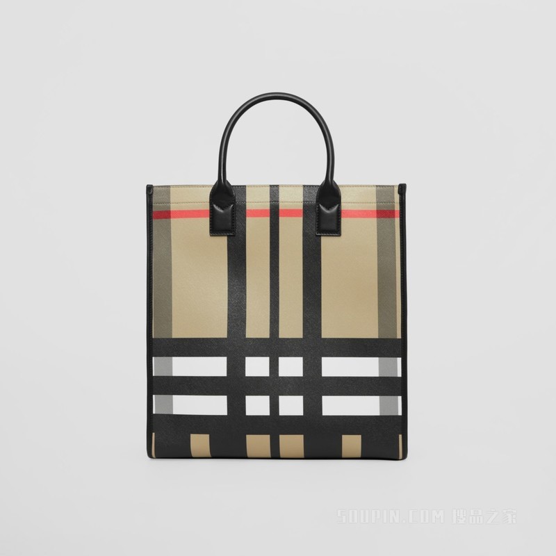 大号格纹拼皮革托特包 (典藏米色 / 黑色) - 男士