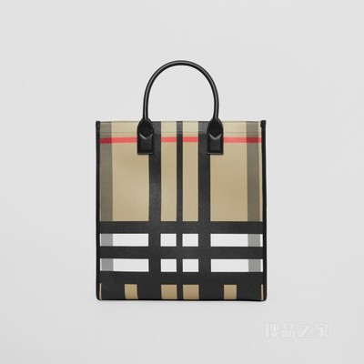 大号格纹拼皮革托特包 (典藏米色 / 黑色) - 男士