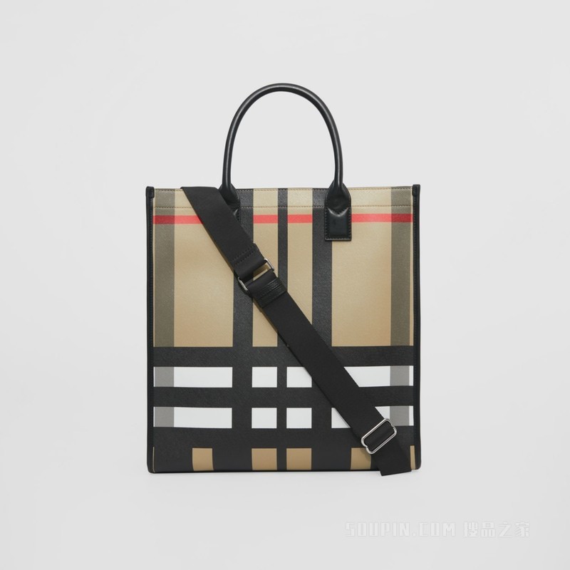 大号格纹拼皮革托特包 (典藏米色 / 黑色) - 男士