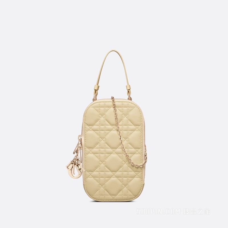 Lady Dior 手机袋 浅黄色羊皮革藤格纹