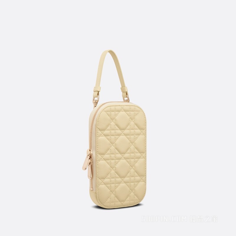 Lady Dior 手机袋 浅黄色羊皮革藤格纹