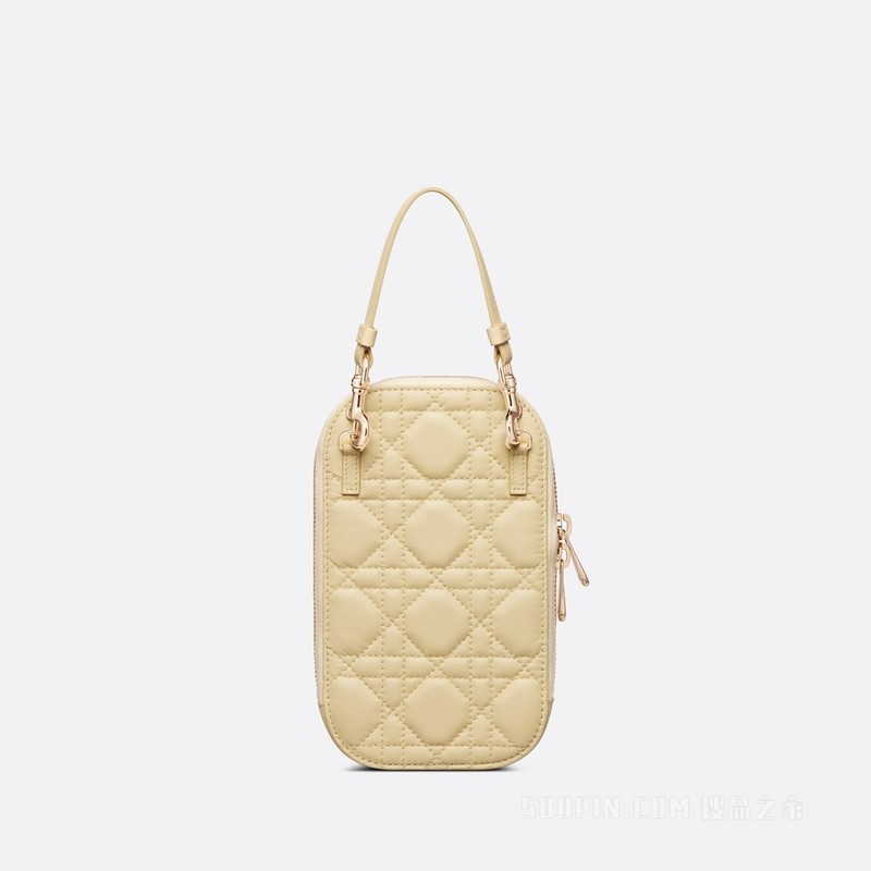 Lady Dior 手机袋 浅黄色羊皮革藤格纹