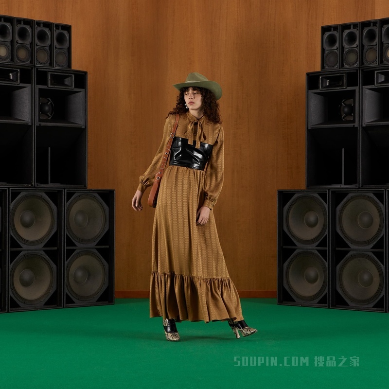 GG绉纱缎连衣裙 深驼色