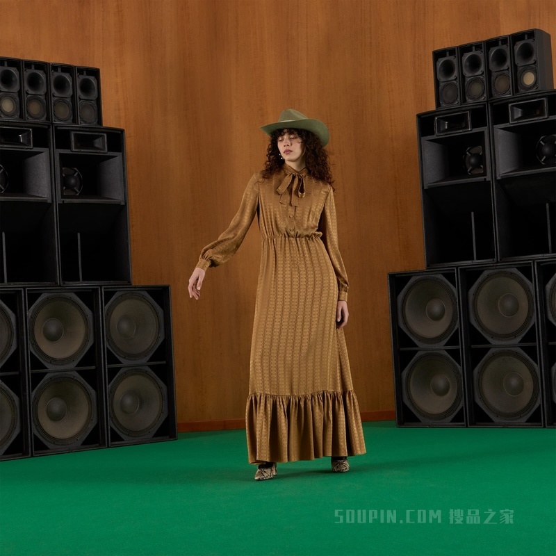 GG绉纱缎连衣裙 深驼色