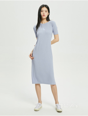 Calvin Klein 22初秋女士时尚LOGO系绳开衩中长款短袖连衣裙J219675
