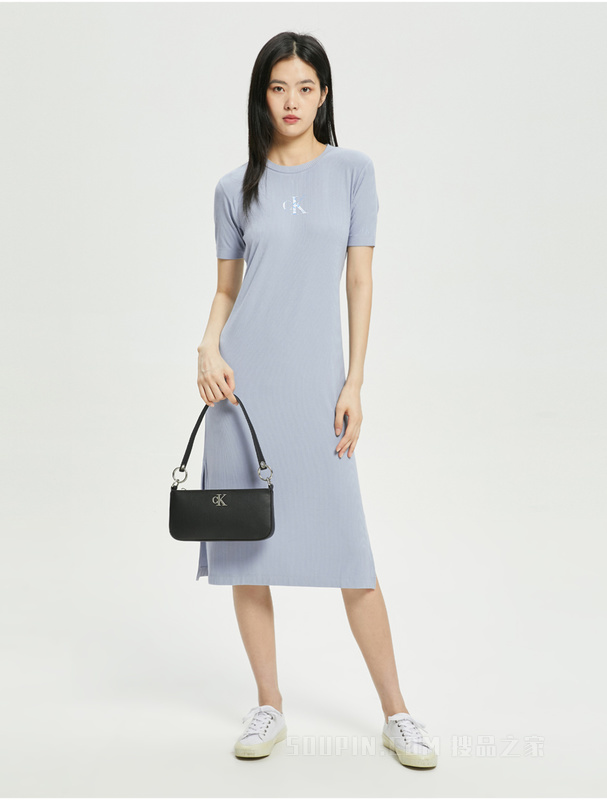 Calvin Klein 22初秋女士时尚LOGO系绳开衩中长款短袖连衣裙J219675