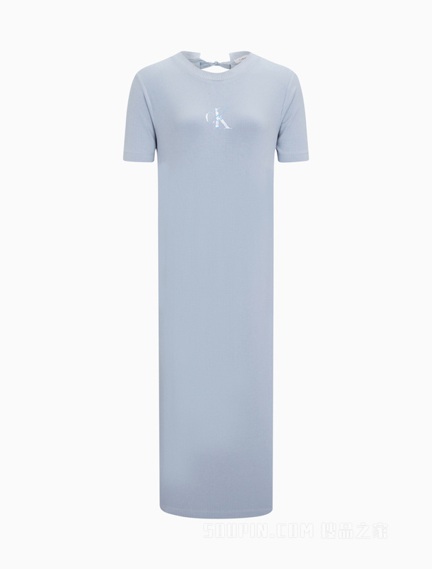Calvin Klein 22初秋女士时尚LOGO系绳开衩中长款短袖连衣裙J219675