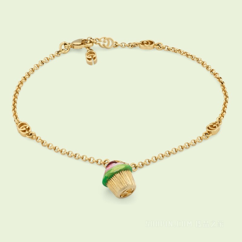 互扣式双G纸杯蛋糕坠饰手链 金色调金属