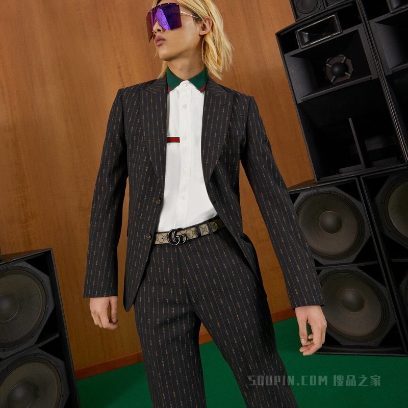 双G带扣窄版腰带 黑色皮革和帆布