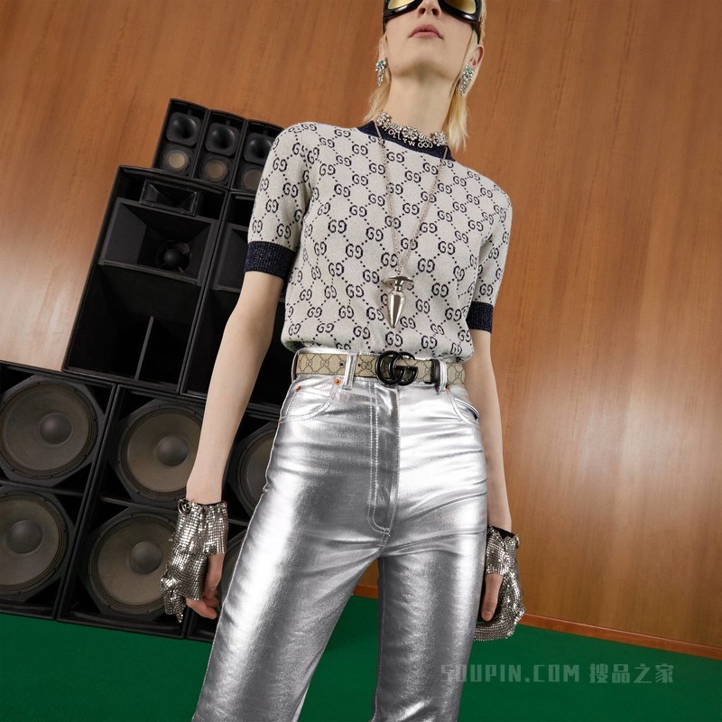 双G带扣窄版腰带 黑色皮革和帆布