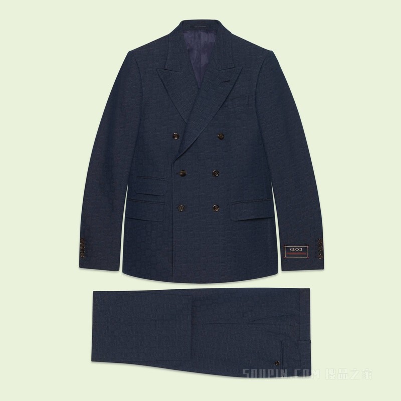 几何G画布效果羊毛西装 深灰色和蓝色