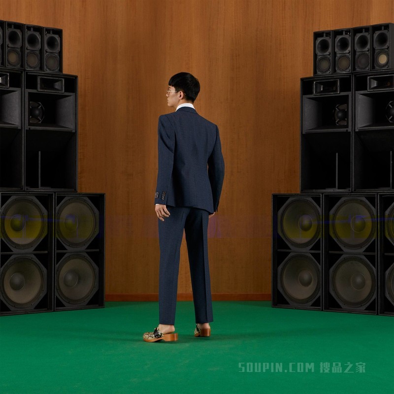 几何G画布效果羊毛西装 深灰色和蓝色