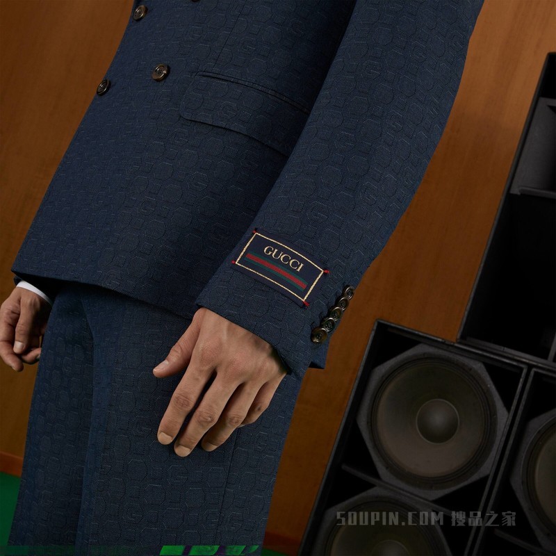 几何G画布效果羊毛西装 深灰色和蓝色