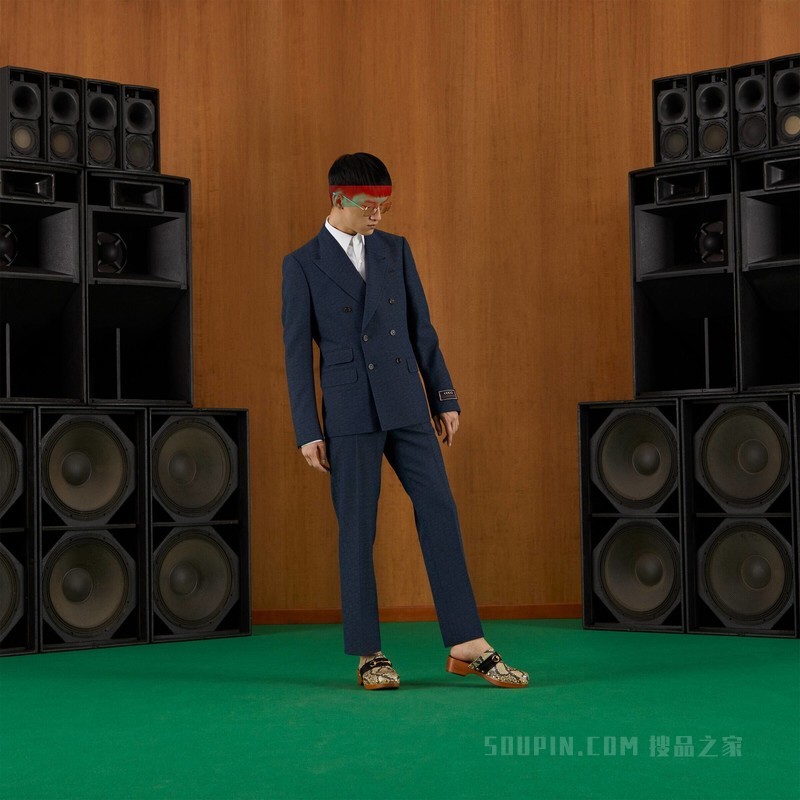 几何G画布效果羊毛西装 深灰色和蓝色