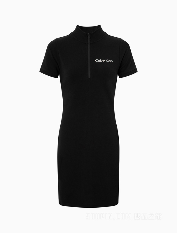Calvin Klein 22春夏女士休闲拉链半襟简约LOGO针织短袖连衣裙4WS2D901