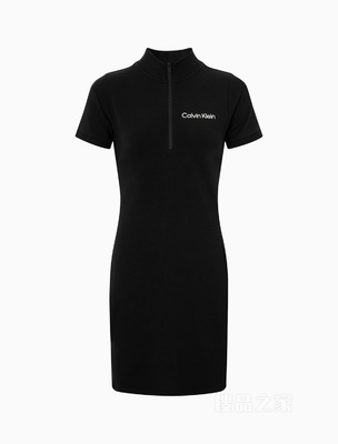 Calvin Klein 22春夏女士休闲拉链半襟简约LOGO针织短袖连衣裙4WS2D901