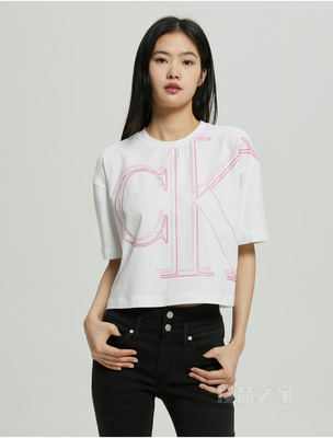 Calvin Klein 22早秋女士时尚重影线形LOGO圆领短款透气短袖T恤J219705
