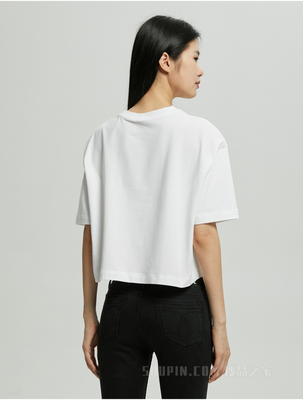 Calvin Klein 22早秋女士时尚重影线形LOGO圆领短款透气短袖T恤J219705