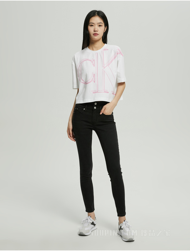 Calvin Klein 22早秋女士时尚重影线形LOGO圆领短款透气短袖T恤J219705
