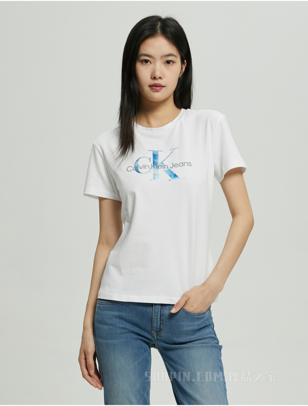 Calvin Klein 22早秋新款女士时尚重叠LOGO圆领透气修身短袖T恤J219704