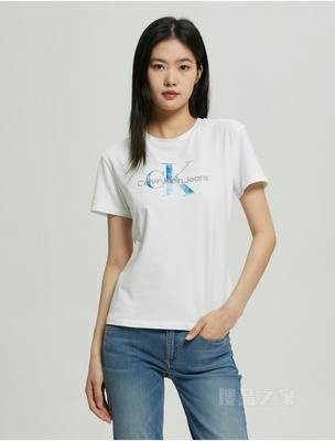 Calvin Klein 22早秋新款女士时尚重叠LOGO圆领透气修身短袖T恤J219704