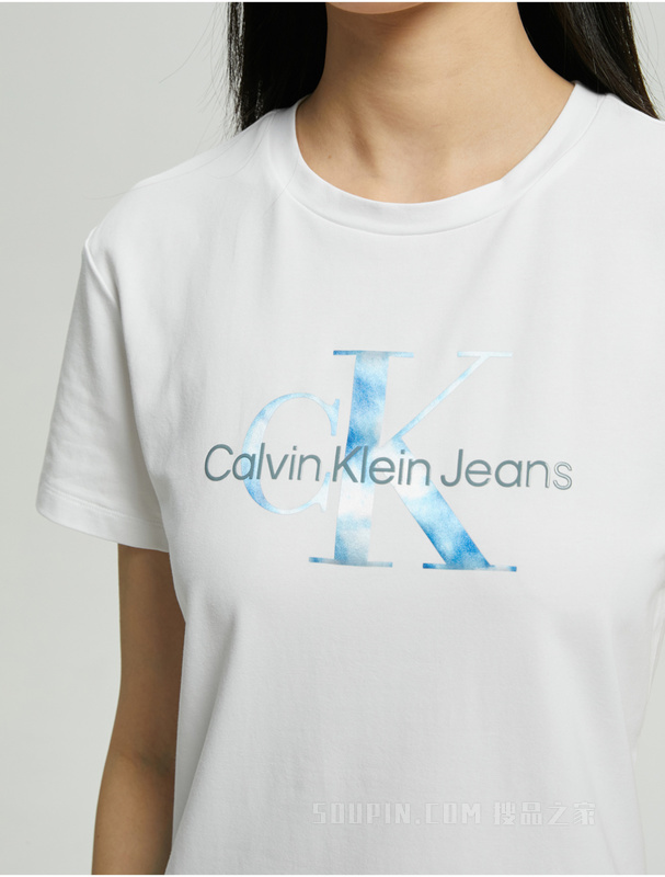 Calvin Klein 22早秋新款女士时尚重叠LOGO圆领透气修身短袖T恤J219704