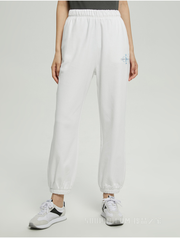 Calvin Klein 22早秋女士简约舒适纯棉交叠LOGO宽松束脚休闲裤J219665