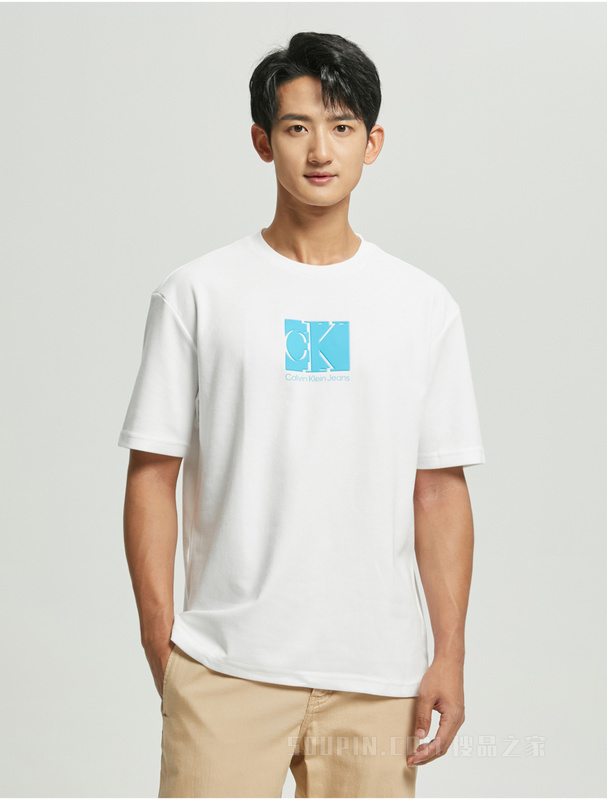 Calvin Klein 22早秋男女情侣中性浮雕LOGO宽松平纹针织短袖T恤J400164