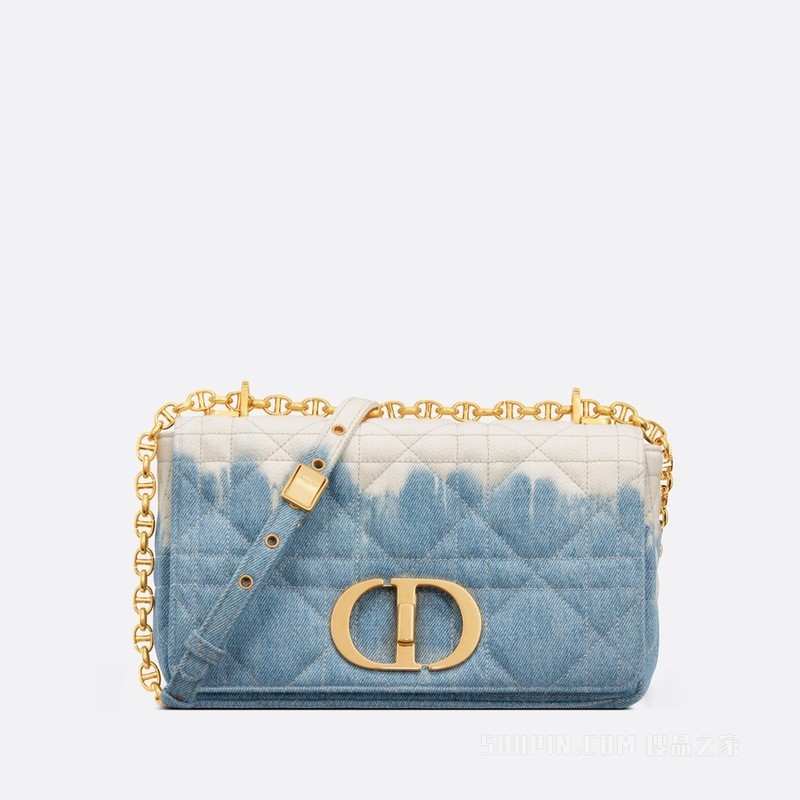 中号 Dior Caro 手袋 蓝色扎染牛仔面料搭配藤格纹图案