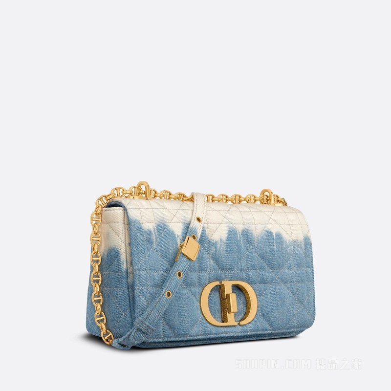 中号 Dior Caro 手袋 蓝色扎染牛仔面料搭配藤格纹图案