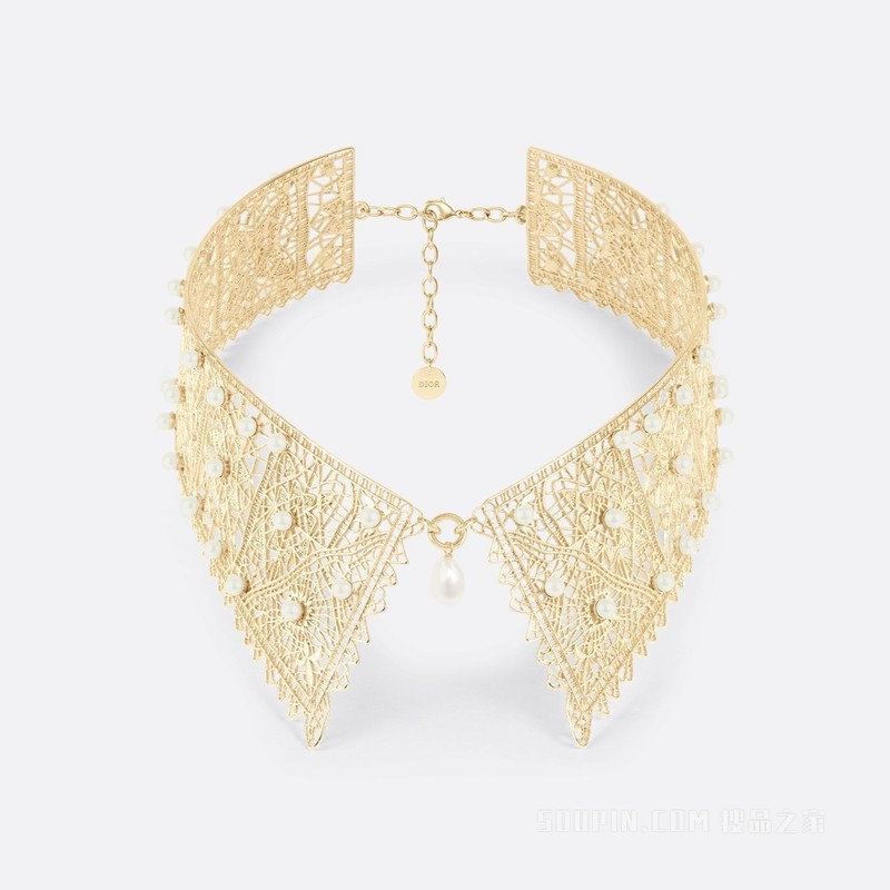 D-Renaissance 项圈式项链 金色饰面金属, 白色树脂珠饰和白色珍珠装饰