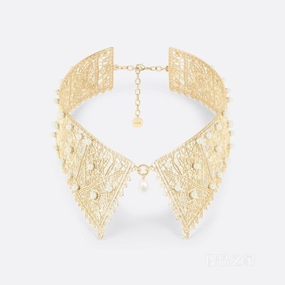 D-Renaissance 项圈式项链 金色饰面金属, 白色树脂珠饰和白色珍珠装饰