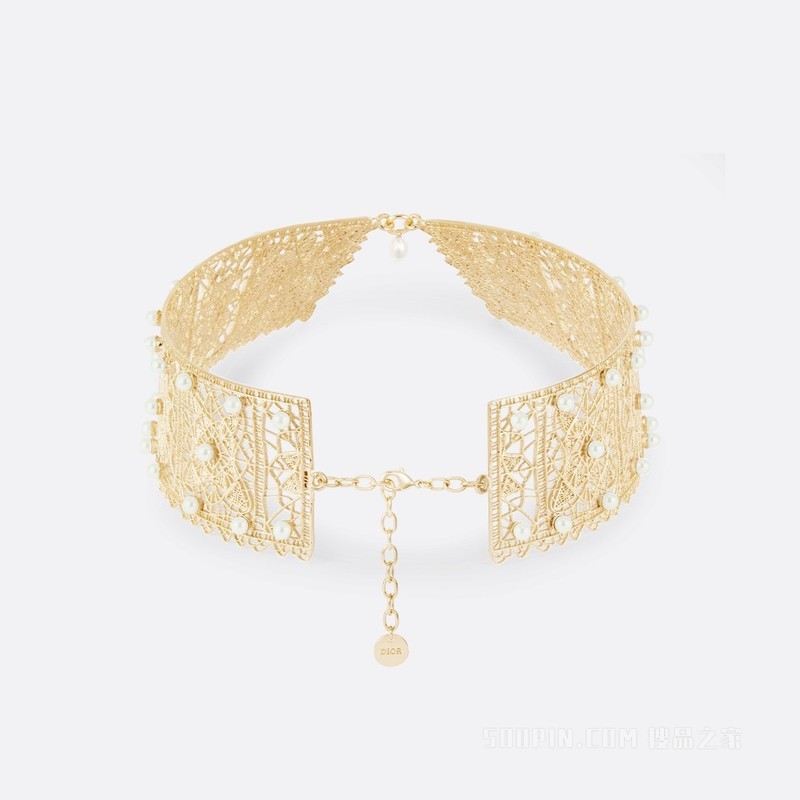 D-Renaissance 项圈式项链 金色饰面金属, 白色树脂珠饰和白色珍珠装饰