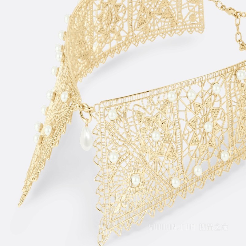 D-Renaissance 项圈式项链 金色饰面金属, 白色树脂珠饰和白色珍珠装饰