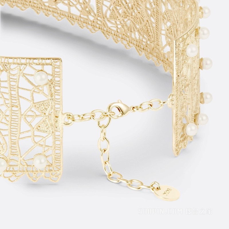 D-Renaissance 项圈式项链 金色饰面金属, 白色树脂珠饰和白色珍珠装饰