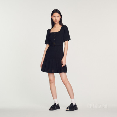 LSANA 方领系腰花呢连衣裙连衣裙