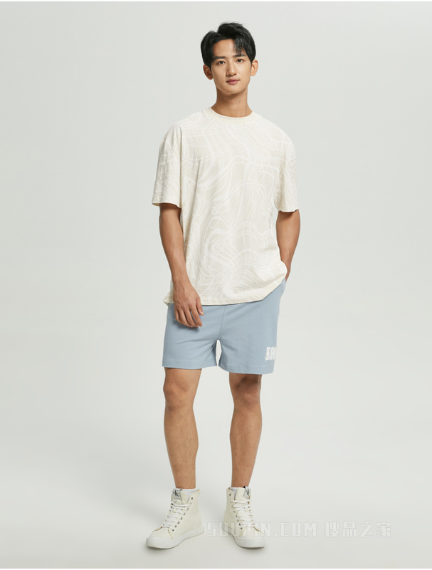 Calvin Klein 22春夏男女情侣中性时尚波纹满印纯棉透气短袖T恤J400156