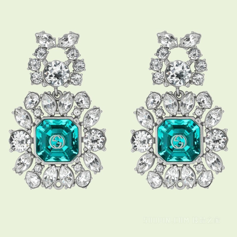 水晶互扣式双G耳环 钯金色调金属