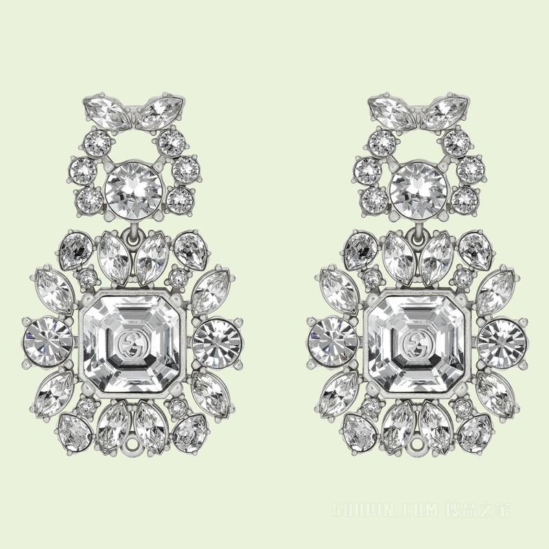 水晶互扣式双G耳环 钯金色调金属