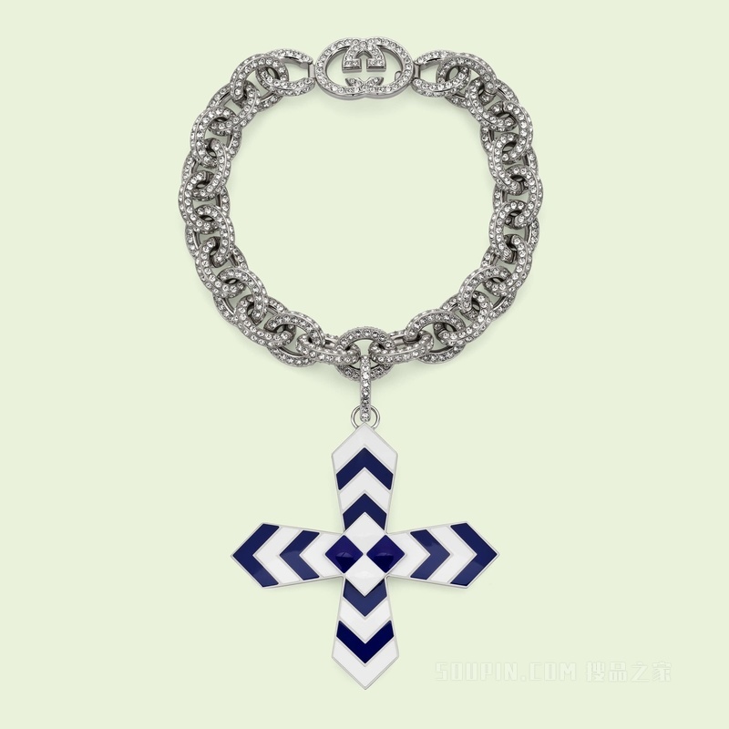 饰十字架吊坠互扣式双G颈圈 钯金色调金属