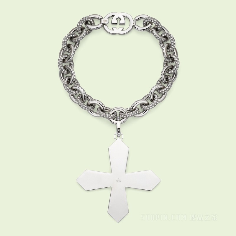 饰十字架吊坠互扣式双G颈圈 钯金色调金属