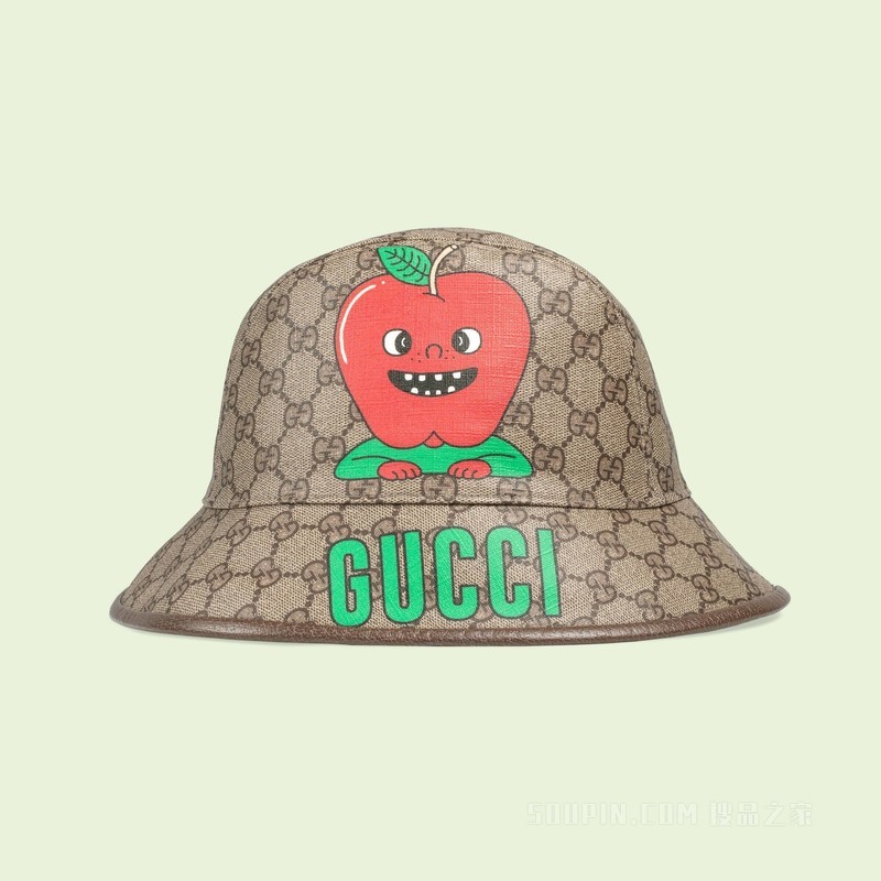 Gucci苹果印花Supreme软呢帽 米色和乌木色