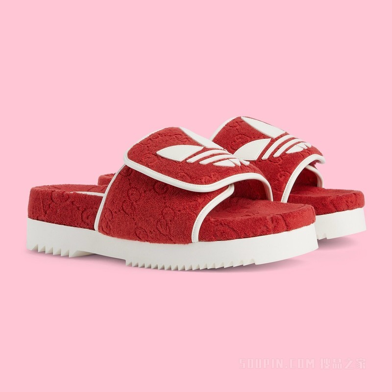 adidas x Gucci联名系列男士GG防水台拖鞋 红色棉质海绵