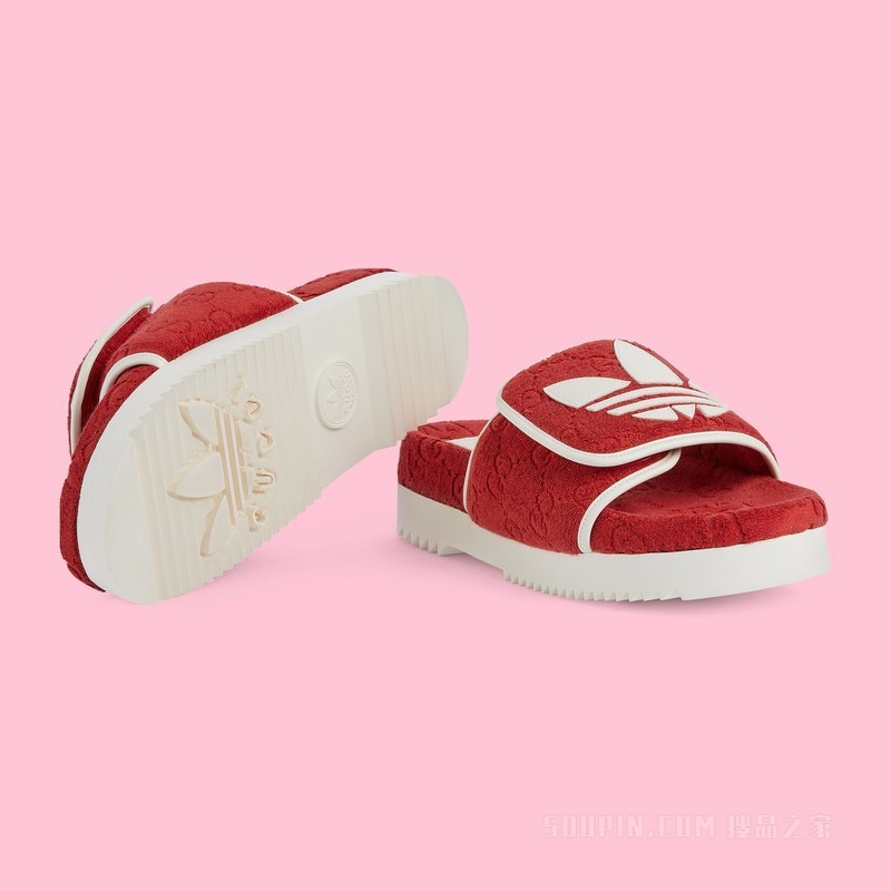 adidas x Gucci联名系列男士GG防水台拖鞋 红色棉质海绵