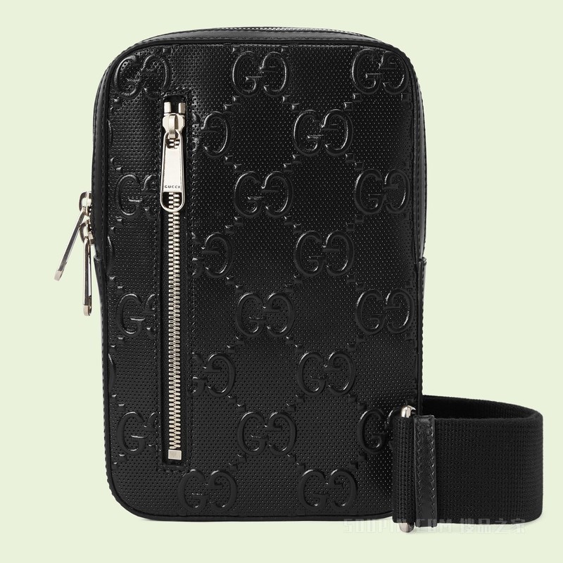 【gucci/古馳】gg印花壓紋單肩斜挎包 黑色皮革 700431 1w3cn 1000-搜