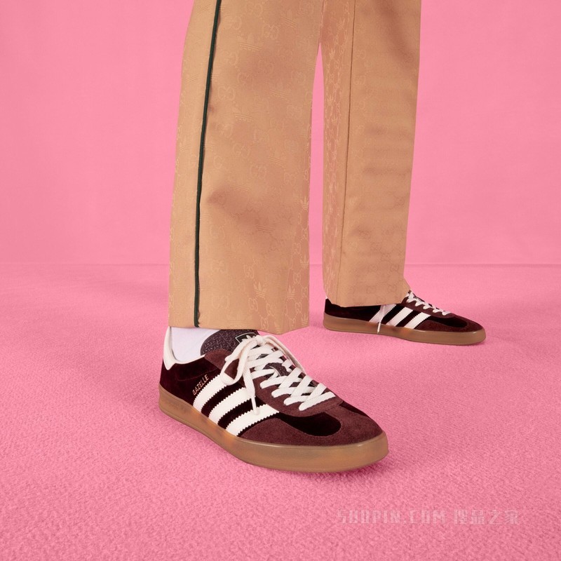 adidas x Gucci联名系列男士Gazelle运动鞋 酒红色天鹅绒