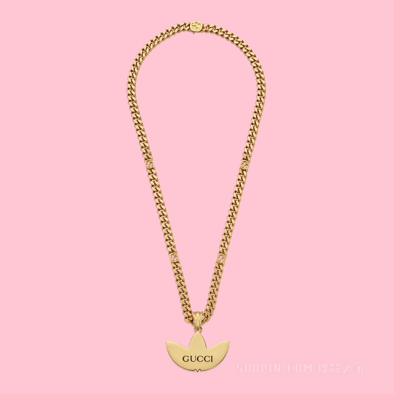 adidas x Gucci联名系列饰Trefoil吊坠马衔索链项链 黄金色调金属