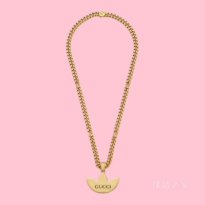 adidas x Gucci联名系列饰Trefoil吊坠马衔索链项链 黄金色调金属