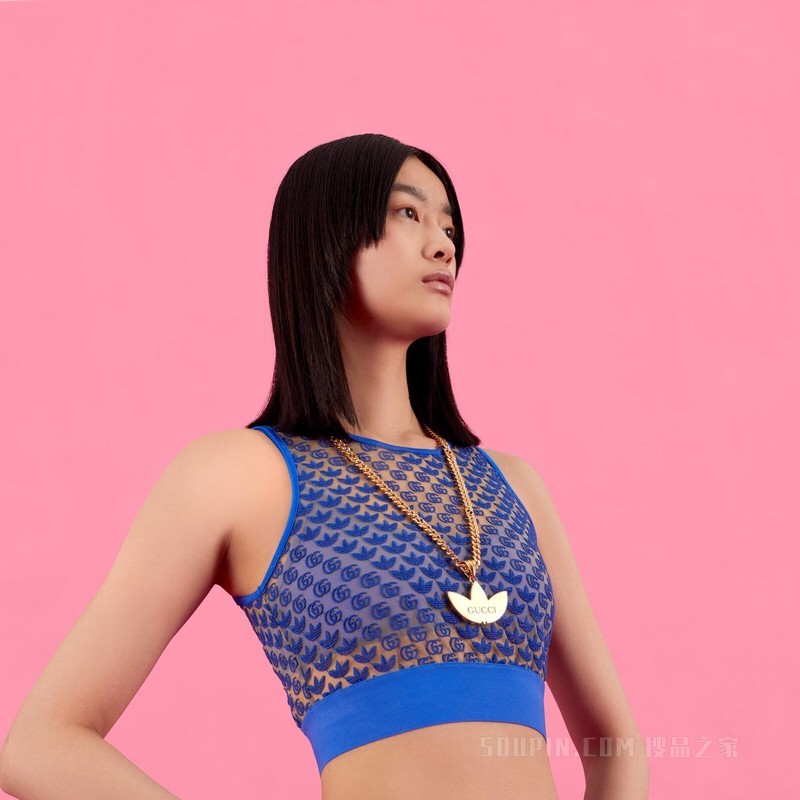 adidas x Gucci联名系列饰Trefoil吊坠马衔索链项链 黄金色调金属